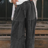 Wide-leg, tiered patchwork pants in black