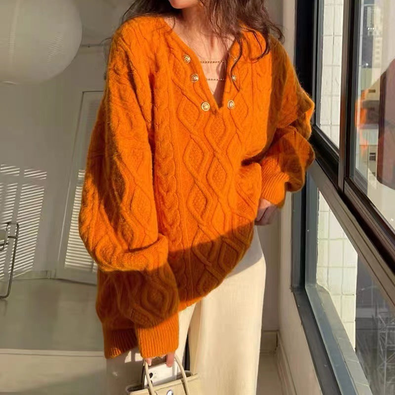 Cable-Knit Mid-Length Pullover Sweater for Women