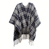 Navy Blue Plaid Shawl with Fur Collar