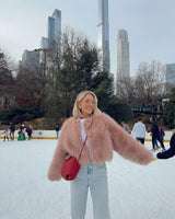 Women's Short Faux Fur Coat with Round Neck