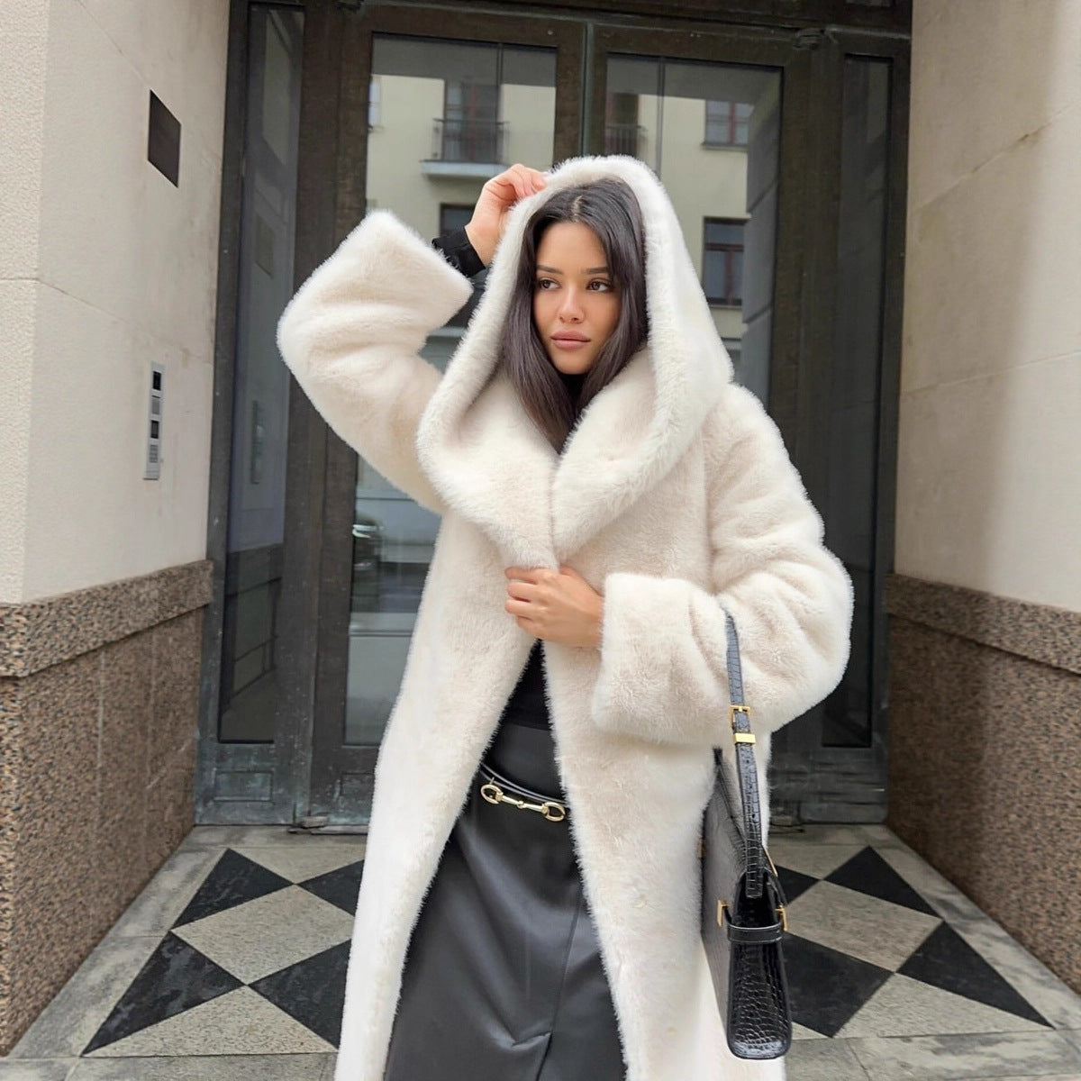 Long Hooded Artificial Fur Coat for Women