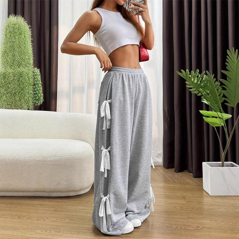 Fashionable Wide-Leg Bow Lace Pants