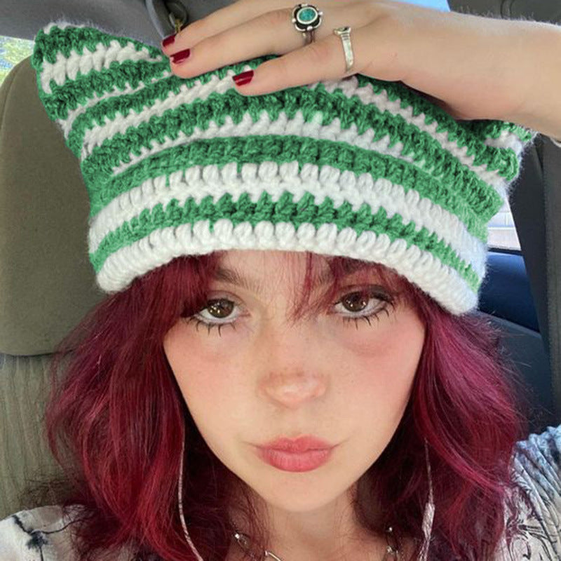 Cute Cat Ears Striped Knitted Wool Hat