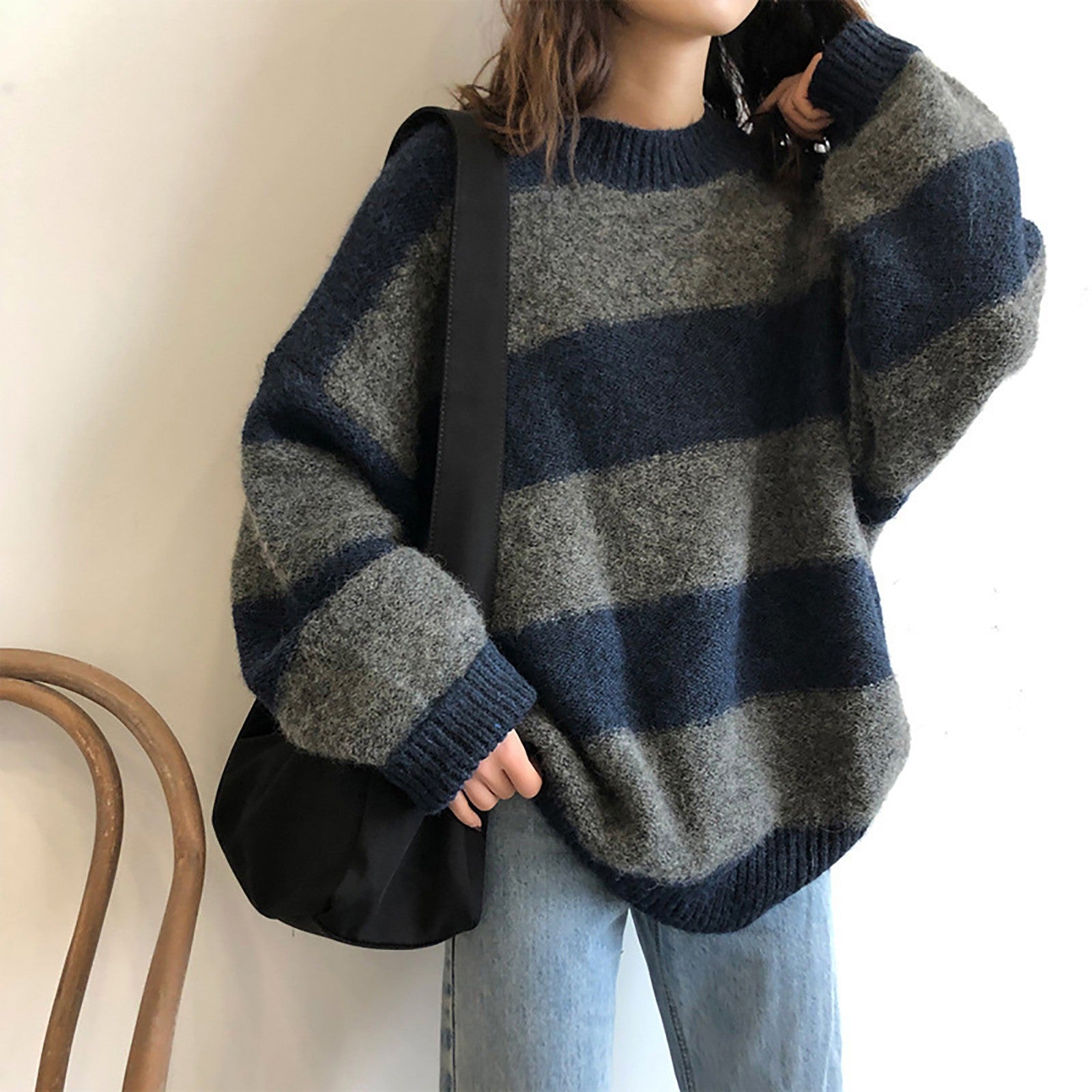 Retro Contrast Color Pullover Sweater for Women