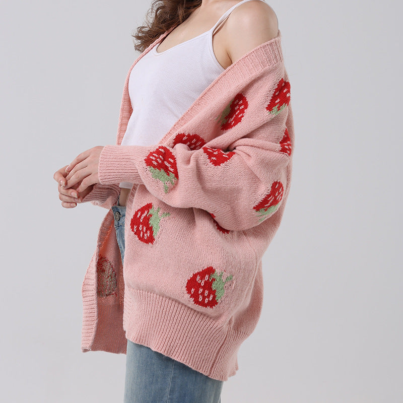 Casual Strawberry Print Sweater for Women