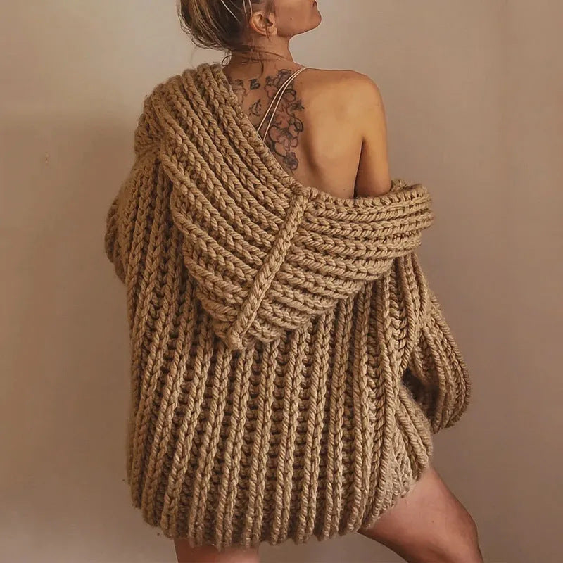 Hooded Woven Knit Cardigan Sweater for Women