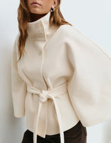 Elegant Batwing Sleeve High Neck Winter Coat with Belt