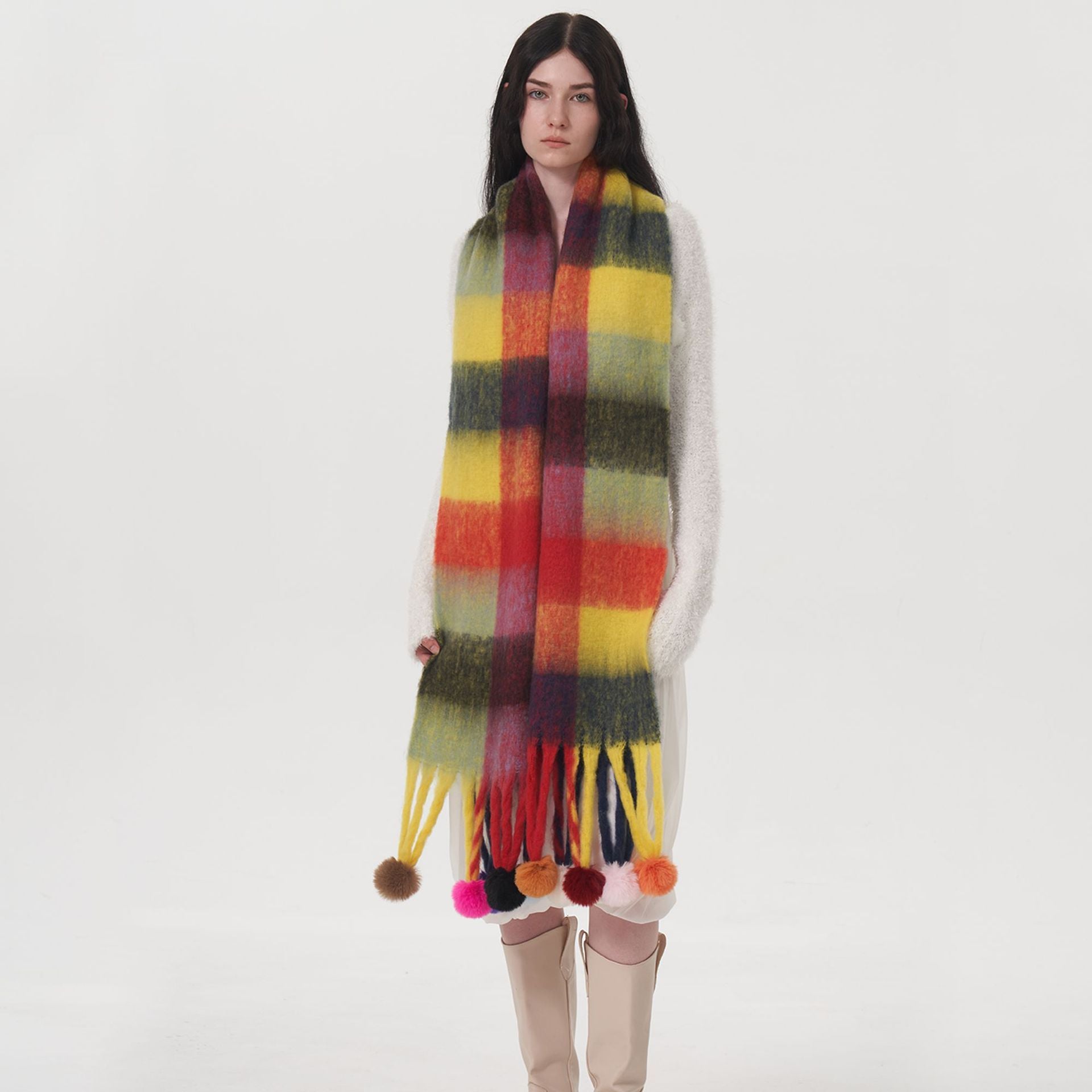 Colorblock Tassel Ball Mohair Scarf