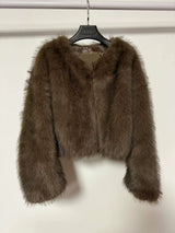 Women's Short Faux Fur Coat with Round Neck