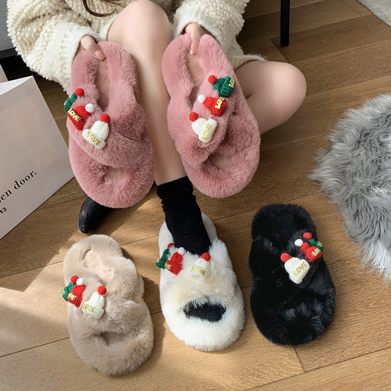 Fluffy Cotton Slippers with a Christmas Hat