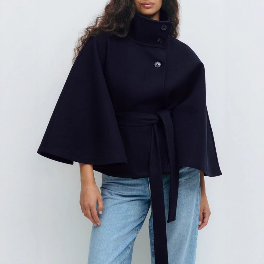 Elegant Batwing Sleeve High Neck Winter Coat with Belt