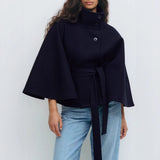 Elegant Batwing Sleeve High Neck Winter Coat with Belt