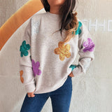 Floral Knit Pullover Sweater with Sequins