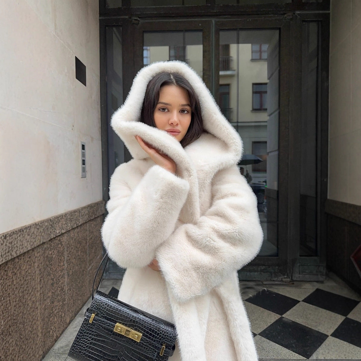Long Hooded Artificial Fur Coat for Women