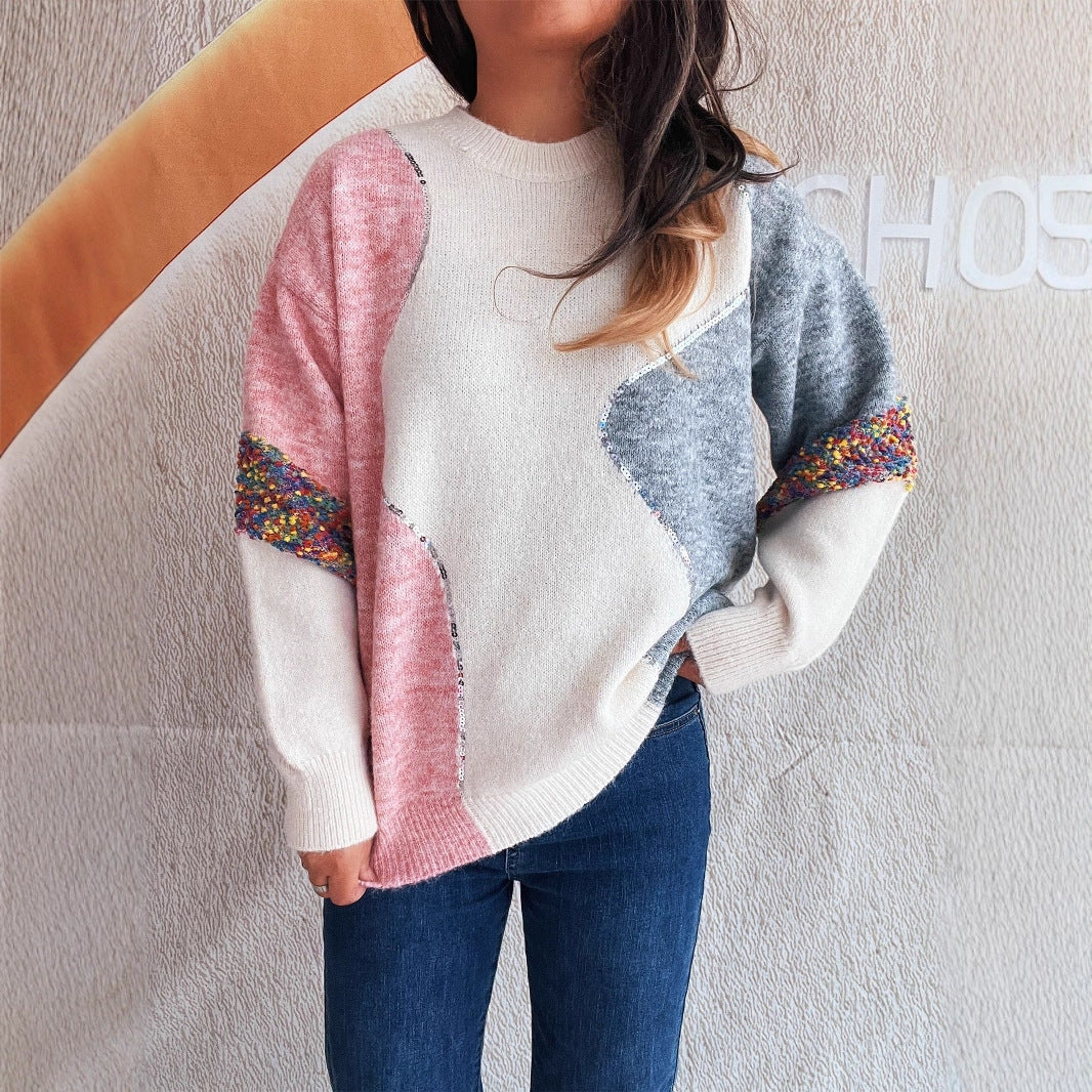 Retro Contrast Color Pullover Sweater for Women