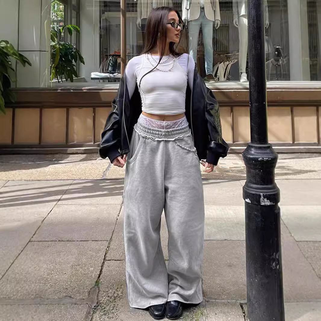 Wide-leg, high-waisted gray pants