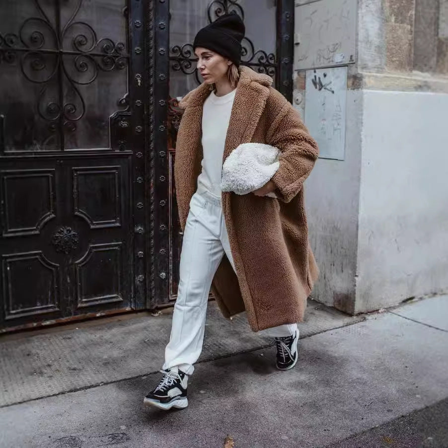 Manteau mi-long en peluche Teddy Bear pour femme