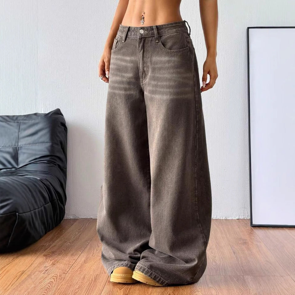 Wide-leg, washed denim trousers