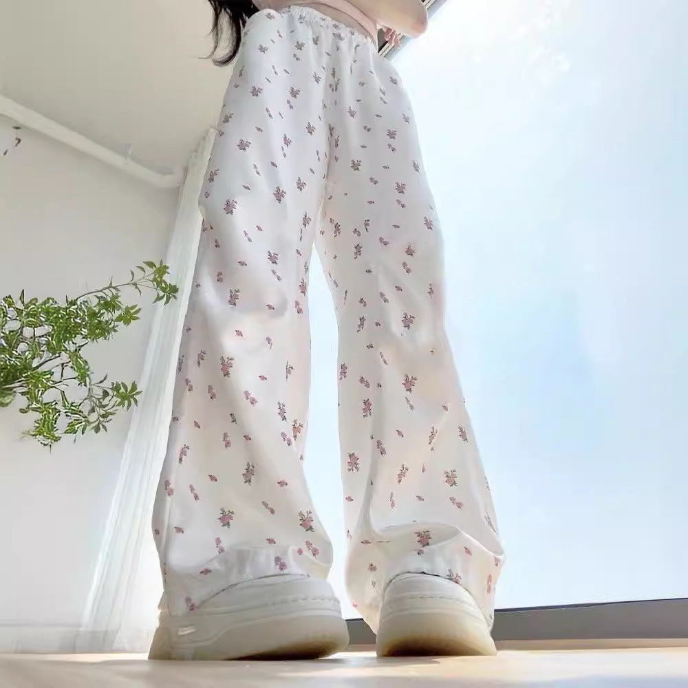 Wide-leg white floral overalls