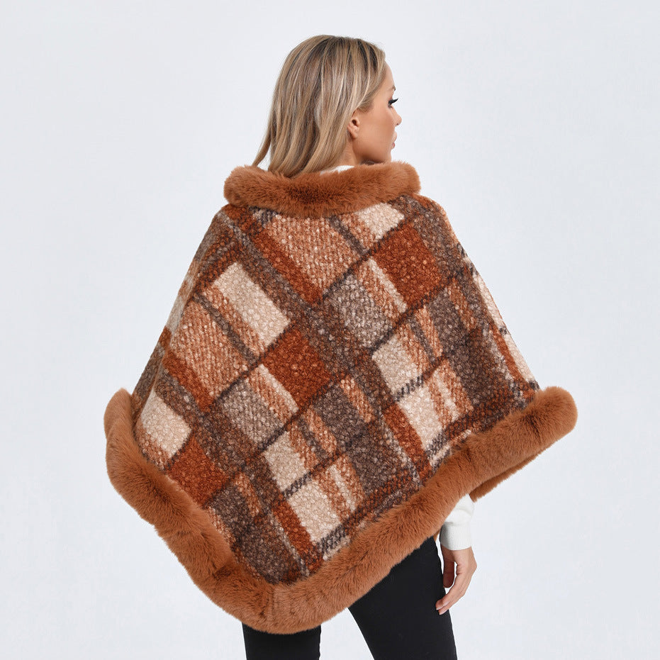 Mid-length Plaid Fur Collar Cloak