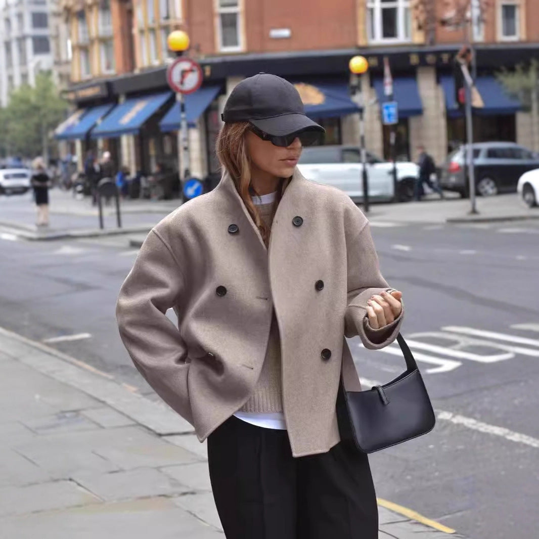 Women's Double-Breasted Woolen Overcoat – Classic Solid Color Style