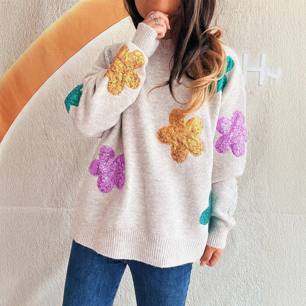 Floral Knit Pullover Sweater with Sequins