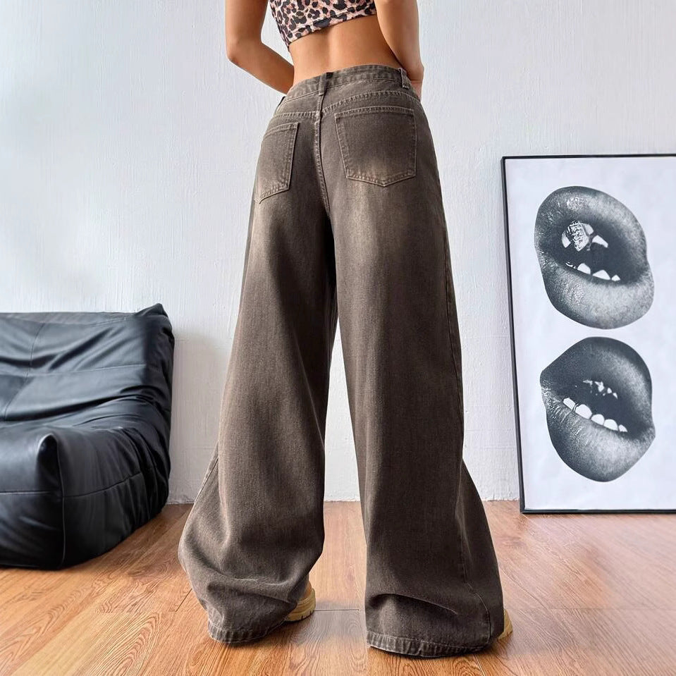 Wide-leg, washed denim trousers