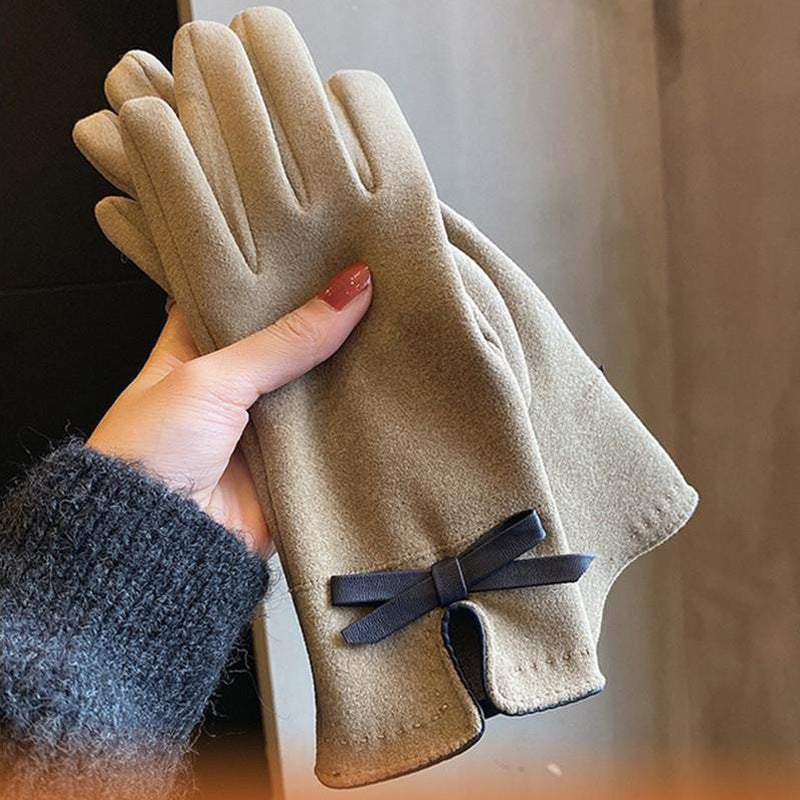 Korean-Style Winter Gloves with Bow Fleece Lining
