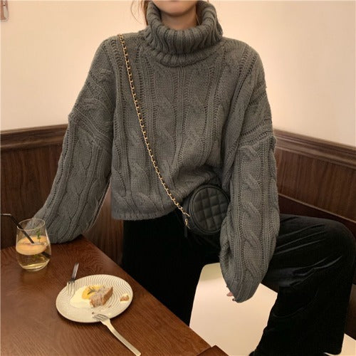 High Neck Twist Knit Pullover Sweater for Women