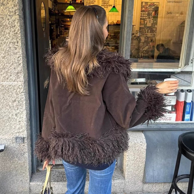 Elegant Wool-Spliced Coat in Maroon