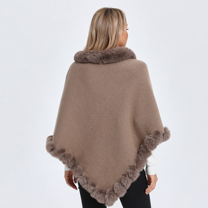 Oversized Fur Collar Knit Pullover Cloak