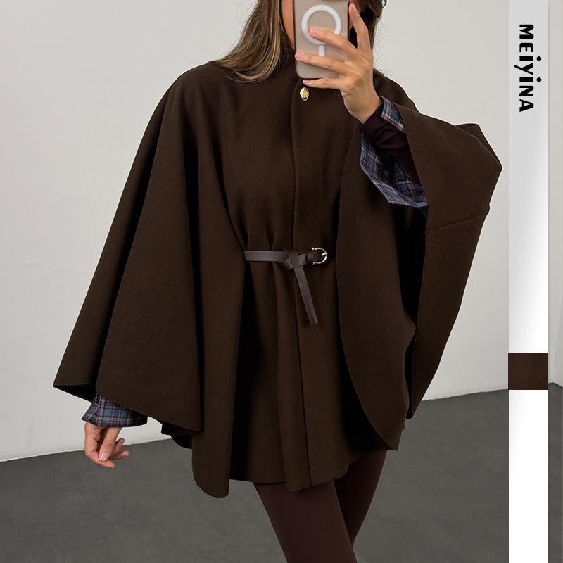 Elegant Mid-Length Woolen Cape Coat for Women