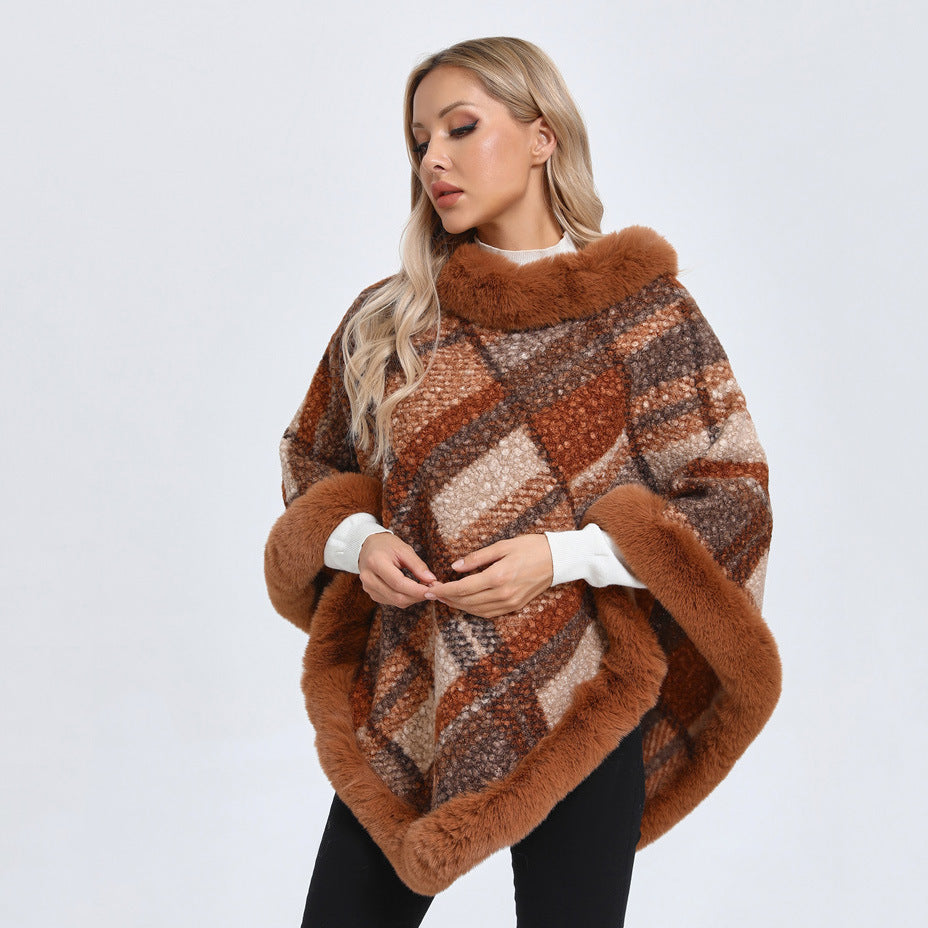 Mid-length Plaid Fur Collar Cloak