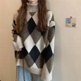 Retro Diamond Plaid Turtleneck Sweater for Women