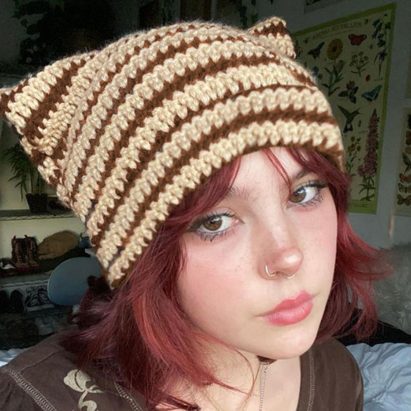Cute Cat Ears Striped Knitted Wool Hat