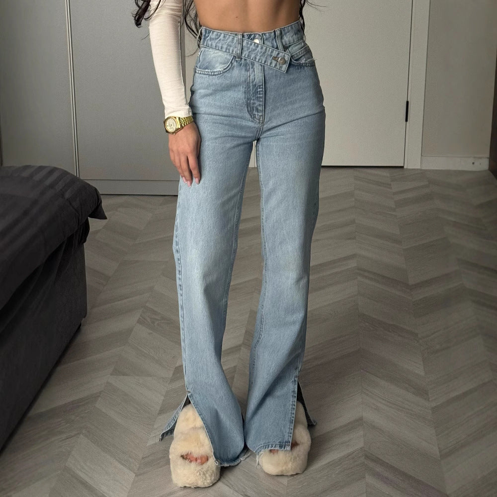 High-waisted denim jeans with an irregular waist