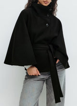 Elegant Batwing Sleeve High Neck Winter Coat with Belt