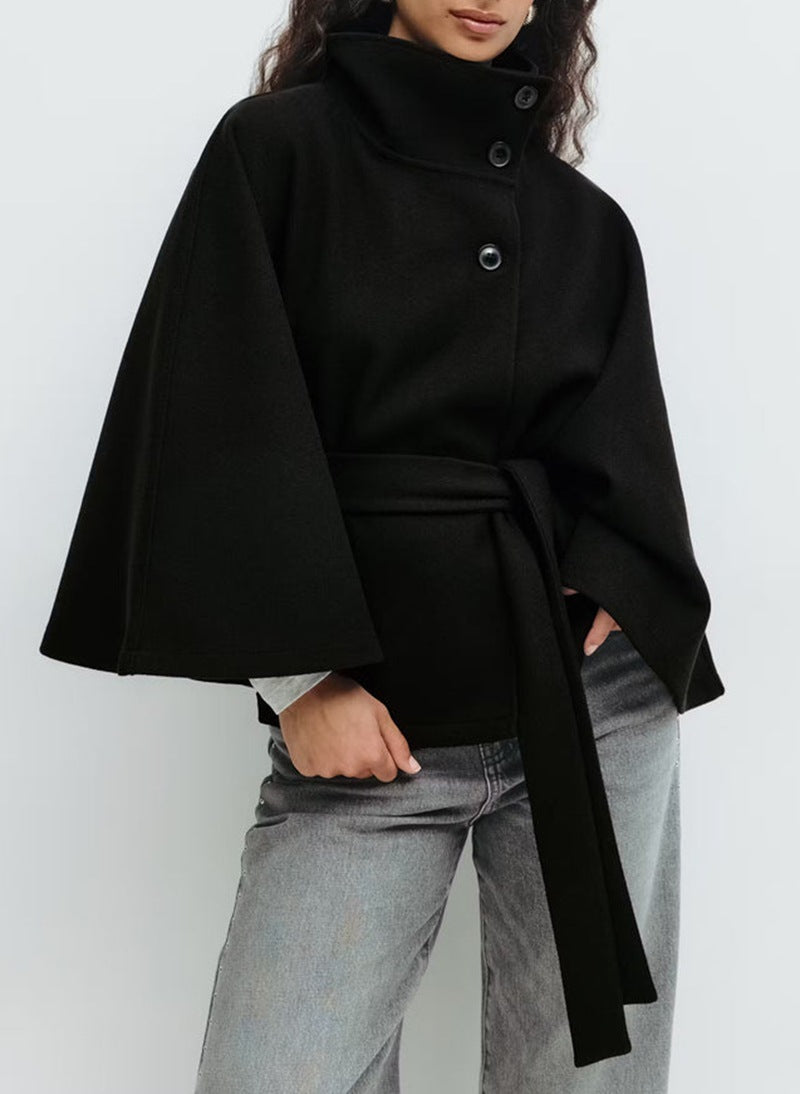 Elegant Batwing Sleeve High Neck Winter Coat with Belt