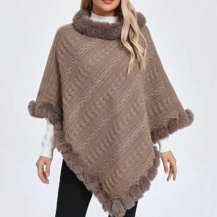 Oversized Fur Collar Knit Pullover Cloak