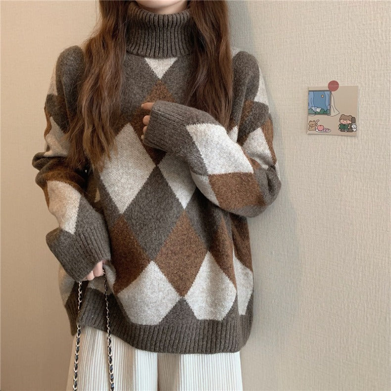 Retro Diamond Plaid Turtleneck Sweater for Women
