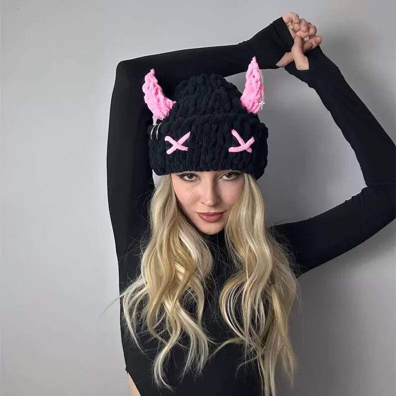 Wool Hat with Cute Devil Mask Horns