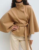 Elegant Batwing Sleeve High Neck Winter Coat with Belt