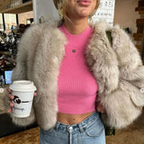 Women's Short Faux Fur Coat with Round Neck