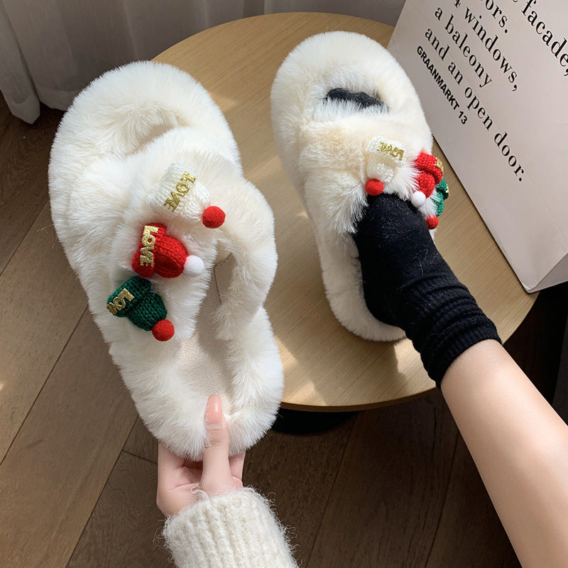 Fluffy Cotton Slippers with a Christmas Hat
