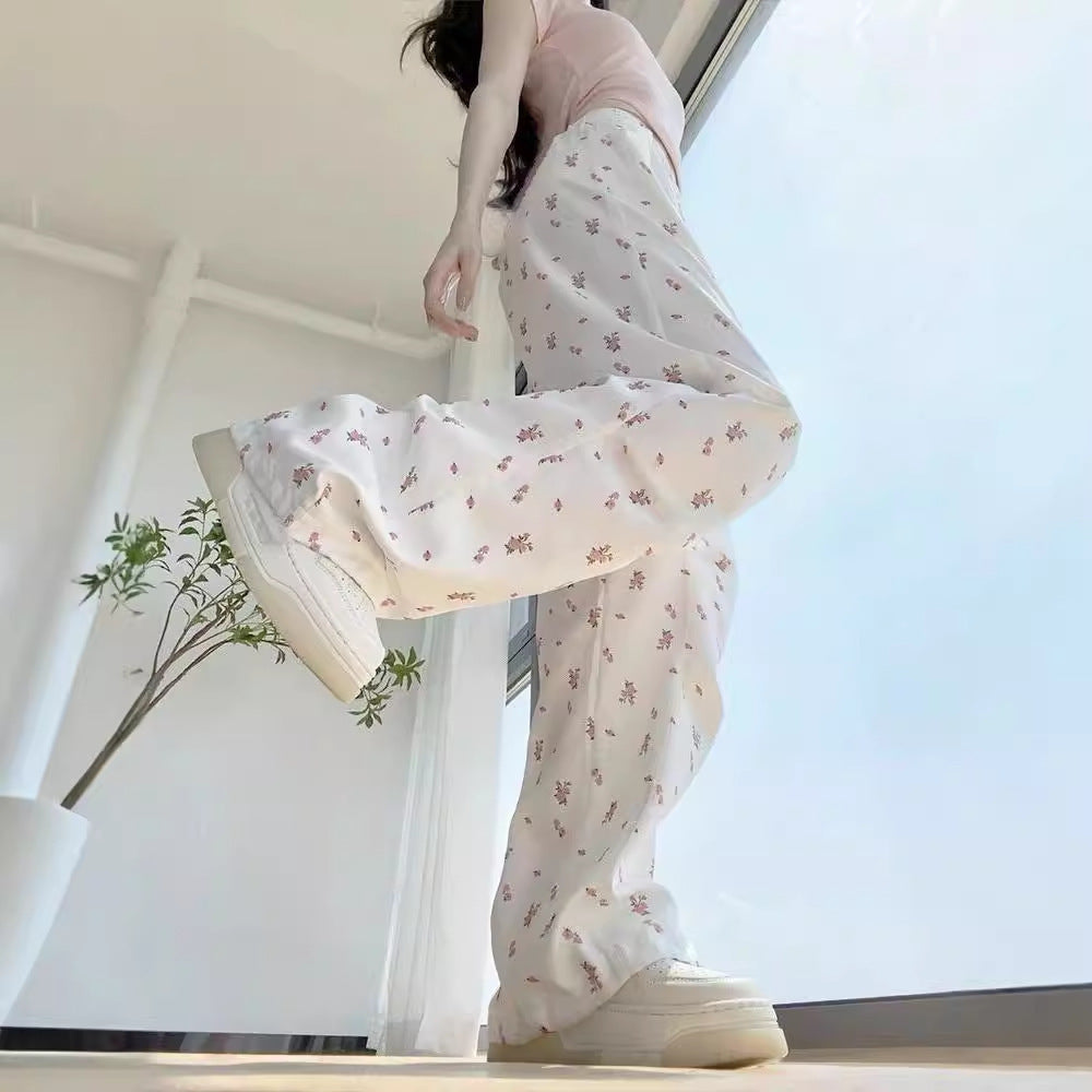 Wide-leg white floral overalls