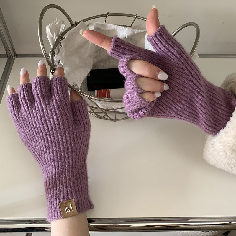 Solid Color Knitted Wool Half-Finger Acrylic Gloves