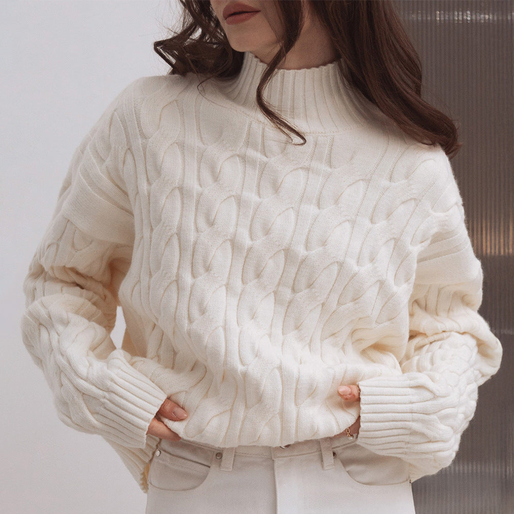 Loose Cable-Knit Mock Neck Sweater for Women