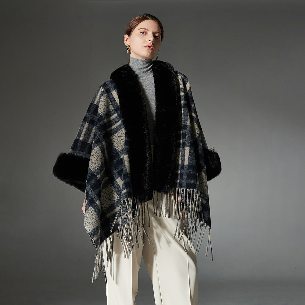 Navy Blue Plaid Shawl with Fur Collar