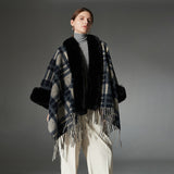 Navy Blue Plaid Shawl with Fur Collar
