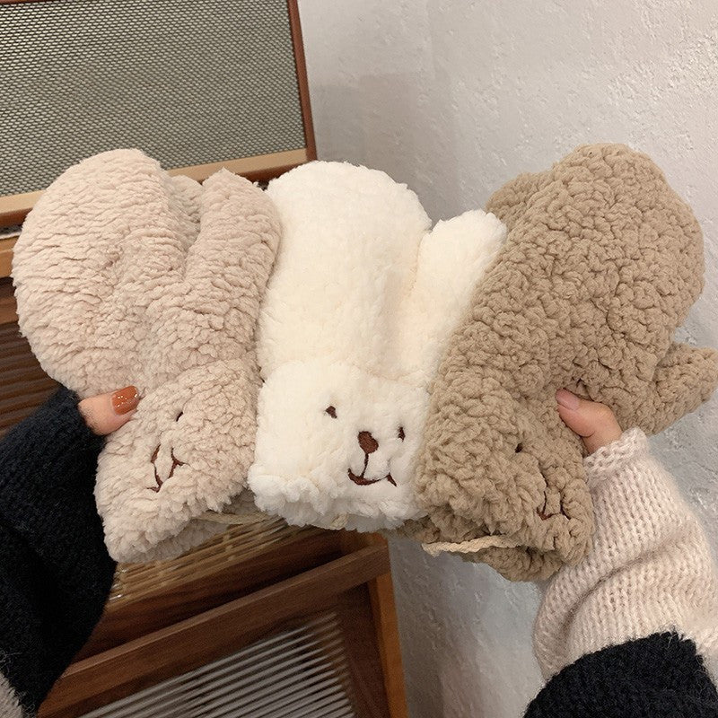 Cozy Cartoon Bear Plush Gloves for Women
